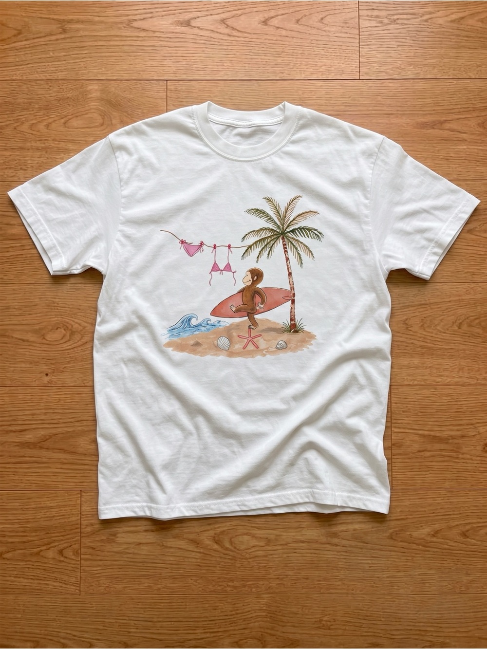 Gildan White Short-Sleeve Tee with Beach Monkey Surf Graphic Unisex